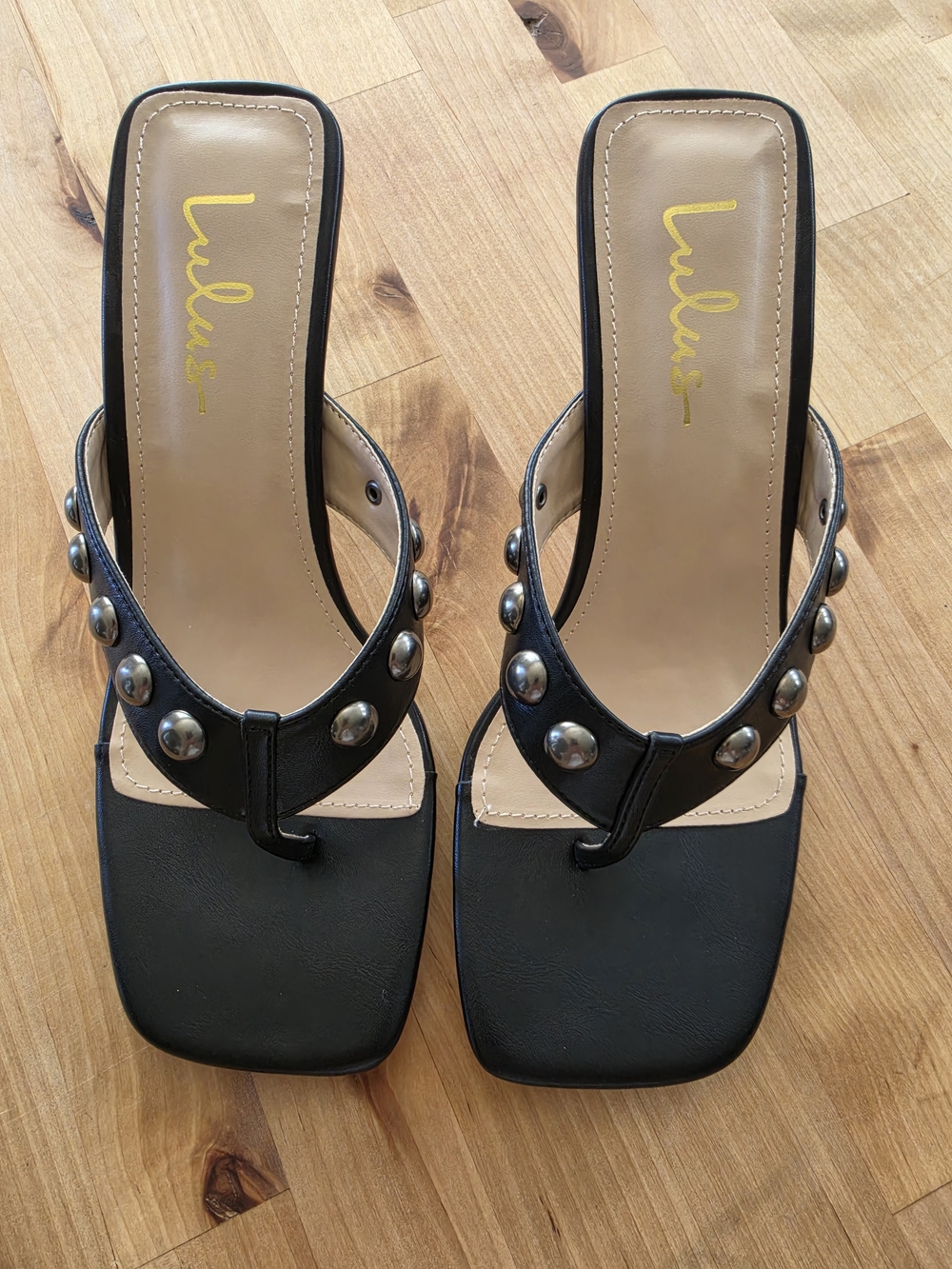 Lulu's Black Studded Square-Toe Thong Heels